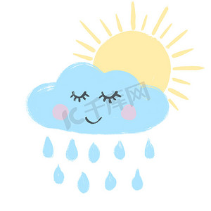 手绘蓝色可爱云与雨滴和黄色太阳的插图。