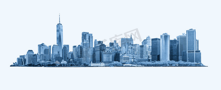 美国纽约市金融区市中心和曼哈顿下城的天际线全景。
