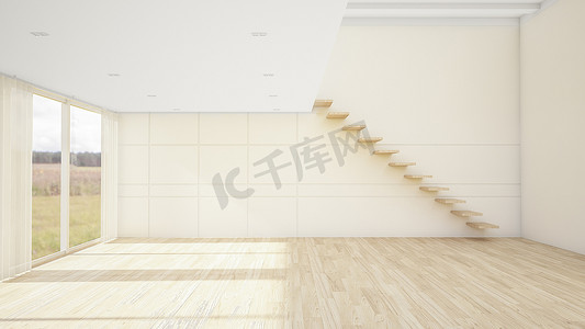 空房间和客厅现代风格的室内设计与窗户或门和木地板和楼梯。 