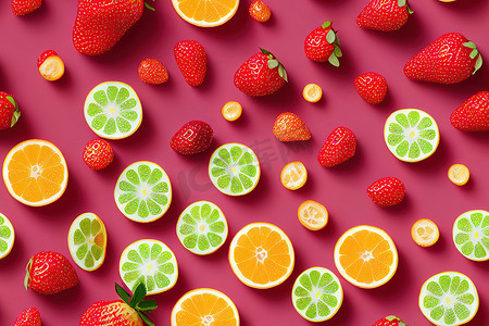 水果图案。可爱的新鲜草莓与孤立的粉红色圆点