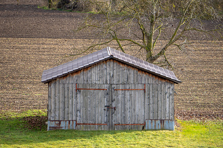绿色草地和田野上用木头建造的巴伐利亚农民谷仓