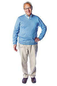 人寿保险背景摄影照片_老男人，在肖像和退休时微笑，人寿保险和眼镜与模型隔离在白色背景。
