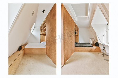 两个房间门摄影照片_有木墙和床的房间的两个视图