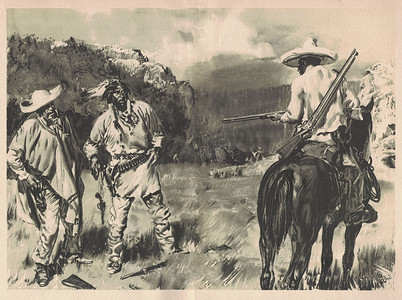 节日活动插图摄影照片_黑白插图显示了墨西哥人和美洲印第安人之间的一场小冲突。