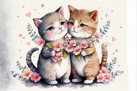 可爱手绘风格摄影照片_可爱的小猫恋爱浪漫情人节手绘卡通风格