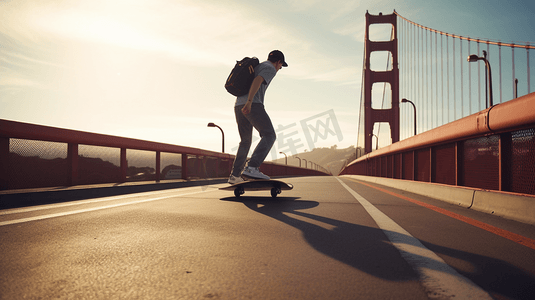 金门大桥摄影照片_一名男子骑在金门大桥的滑板前