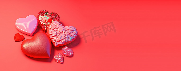 情人节主题的闪亮 3D 心形、钻石和水晶插图