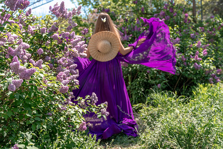 鲜花模特摄影照片_淡紫色花中的时装模特，穿着美丽长裙的年轻女子在风中挥舞，盛开的花园中的户外美女肖像