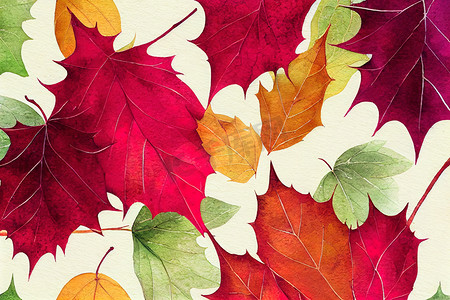 叶子树叶水彩摄影照片_叶子和浆果秋天秋天水彩背景，背景秋天