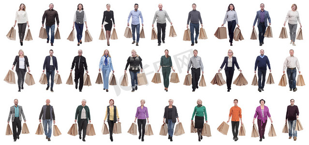 提购物的人摄影照片_一排提着购物袋的人被隔离了