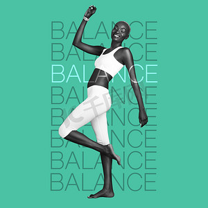 黑人女性、平衡和健身与激励词、覆盖和瑜伽、绿色背景励志海报上的身体护理。