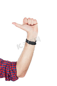 手、拇指和模型与工作室中的一个人隔离在白色背景上的标志或品牌。