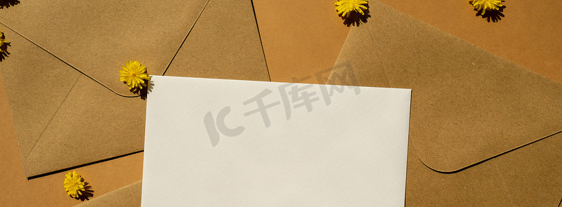 米色背景的邮政黄色信封上美丽的黄色小洋甘菊雏菊花，空纸条文本复制空间，春天，假日贺卡。