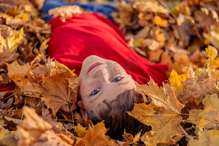 秋天公园里，红衣小男孩躺在落黄的树叶中，看着镜头微笑