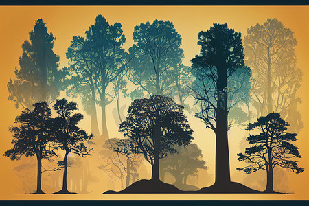 树集合，森林剪影，隔离在白色，2d 插图上。
