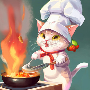 卡通厨师帽摄影照片_厨师的猫戴着厨师帽的卡通形象，他在厨房里做饭，卡通