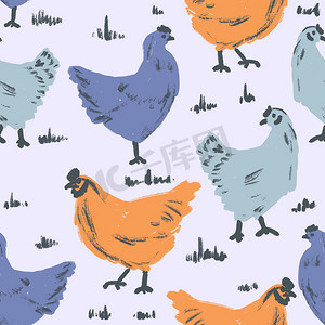 手绘可爱的无缝图案橙色蓝色母鸡在柔和的背景下有趣的儿童托儿所设计，家畜鸟类家禽母鸡，复活节彩蛋概念春季印刷品。