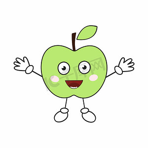 卡通青苹果摄影照片_一个开朗的绿色苹果，有着大眼睛和大手。