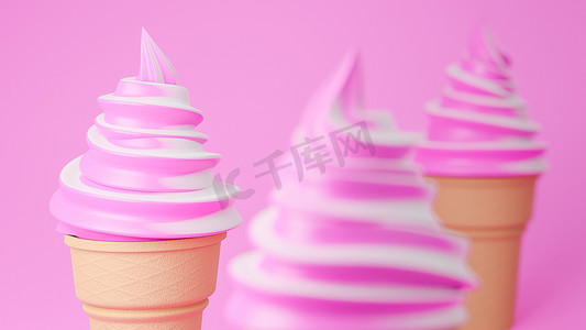 粉红色背景的脆锥上的草莓和牛奶口味的软冰淇淋。3d 模型和插图。