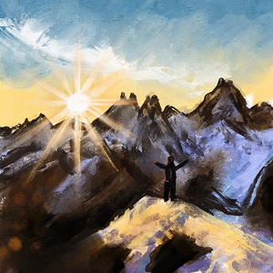 冰山摄影照片_冬季雪冰山丘陵、黎明林地日出的手绘插图。