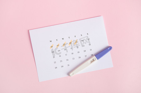 阳性妊娠试验显示日历上有两条条纹，最后一次月经的日期标记为粉红色背景