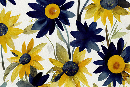 向日葵黄色海军蓝色水彩花卉花束波西米亚秋天