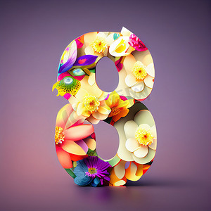 3 月 8 日妇女节庆祝活动用花卉装饰的 8 号创意插图