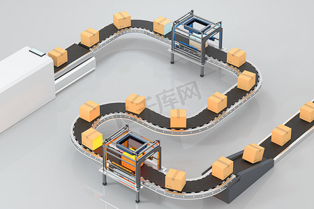 在传送带上传送包装盒，3d 渲染。