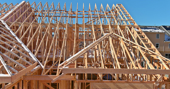 在建造新木屋的过程中，木屋顶梁由相邻的桁架框架构成。