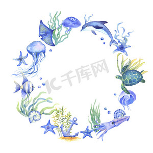 水彩水母、海豚、藻类和海星。