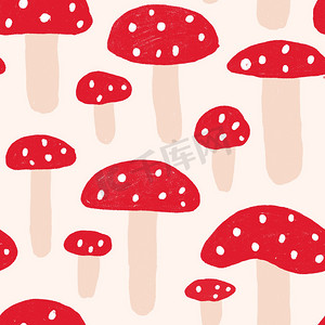 水彩手绘无缝图案插图，在森林林地中用红色帽子绘制鹅膏菌蘑菇。