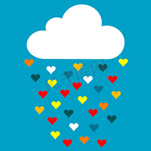 卡通背景下雨摄影照片_蓝天上有彩色心形雨滴的卡通云