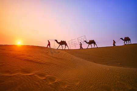 印地安 cameleers 骆驼司机与骆驼剪影在沙丘上日落。