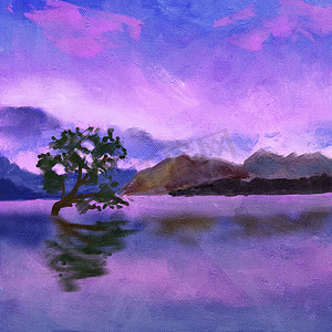 风景手绘摄影照片_手绘紫色粉红色日落景观与水中倒影的插图。