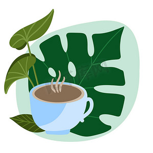 手绘插图与一杯阿拉比卡咖啡和绿叶室内植物。