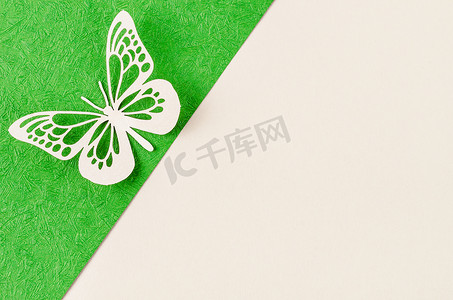 蝴蝶背景绿色摄影照片_蝴蝶由雕刻纸制成或在绿色和黄色背景上切割，并为您的文本或消息留出空白空间。