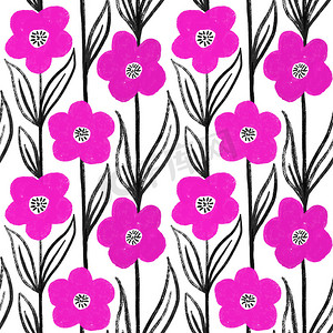 紫红色花朵摄影照片_手绘无缝图案与热粉色紫红色花朵与黑色叶子在白色背景上。
