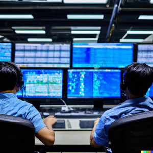 2 位聪明的男性 IT 程序员在数据中心技术系统控制室的台式计算机上工作。