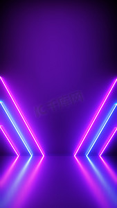 霓虹灯背景摘要与光线形状在彩色和反光地板、派对和音乐会概念上线对角线。