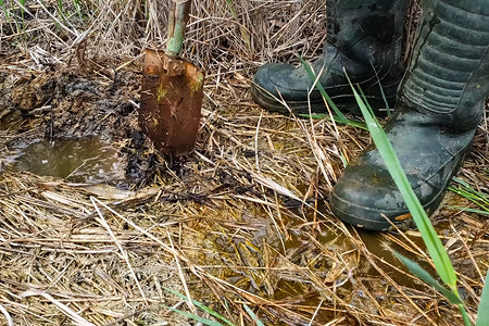 挖矿山摄影照片_穿着橡胶靴的男人在沼泽地里挖了一个铲坑。