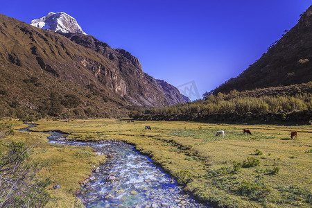 莫兰迪几何色块摄影照片_秘鲁安卡什白雪皑皑的安第斯山脉白雪皑皑的科迪勒拉布兰卡的河流和瓦斯卡兰地块