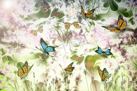 抽象图像：蝴蝶和花朵。 