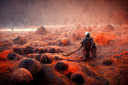 探索火星摄影照片_人们到达火星，3d 渲染