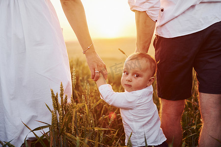 母亲和父亲带着他们的儿子在夏天阳光明媚的日子里在田野上度过空闲时间。