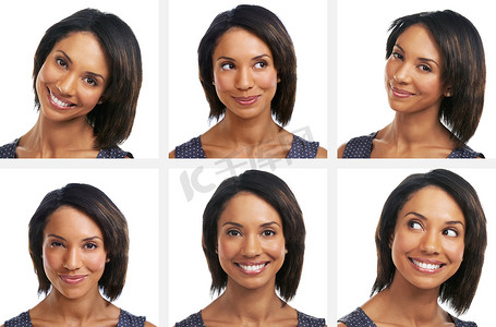 快乐的黑人女性，爆头或拼贴在孤立的白色背景上，用于表情符号或面部表情马赛克。