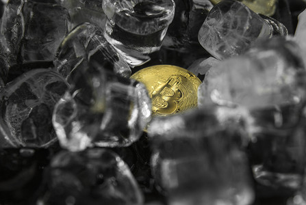 支付金摄影照片_冰背景上的黄金比特币。