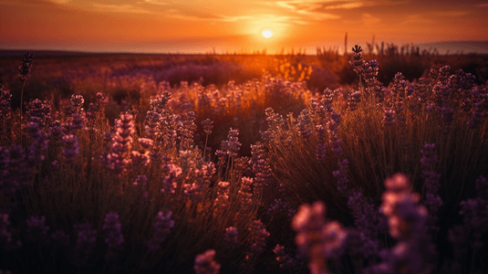 紫色花朵插画摄影照片_夕阳下暖光中的薰衣草插画