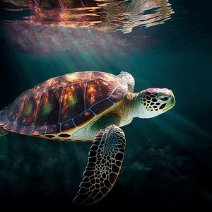 绿金摄影照片_夏威夷绿海龟在夏威夷太平洋温暖的水域中巡航