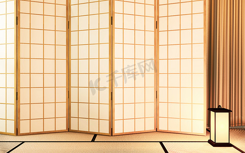 日本榻榻米摄影照片_客厅榻榻米上的日式隔断纸木设计