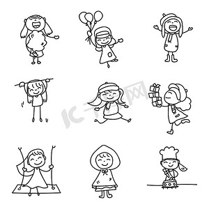 儿童插画手绘矢量快乐的孩子女孩快乐
